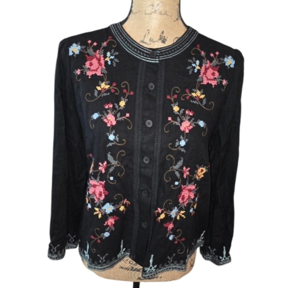 Embroidered Black Jacket Floral Flowers Round Neck‎ Button Front Long Sleeve Med